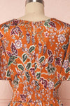 Cahan Cinnamon Orange Floral Silky Midi Dress back close up | Boutique 1861