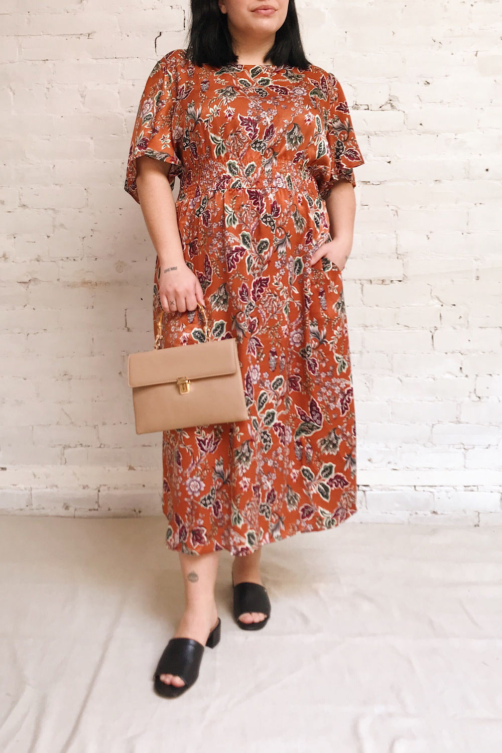 Cahan Cinnamon Orange Floral Midi Dress | Boutique 1861 model look