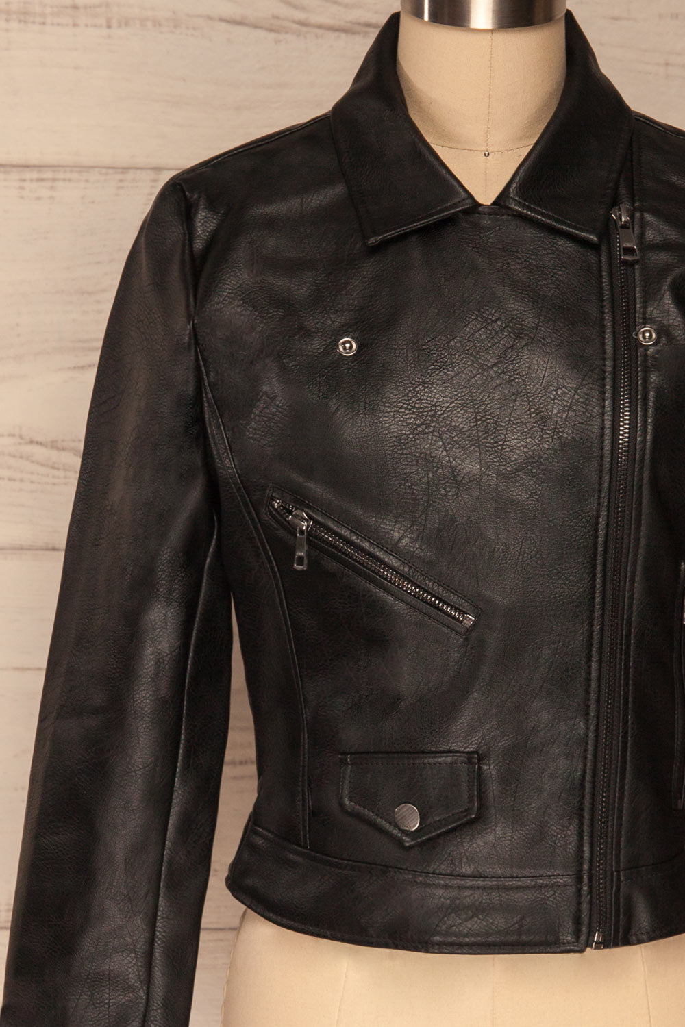Calcali Nero Black Faux Leather Motorcycle Jacket | La Petite Garçonne front close up 