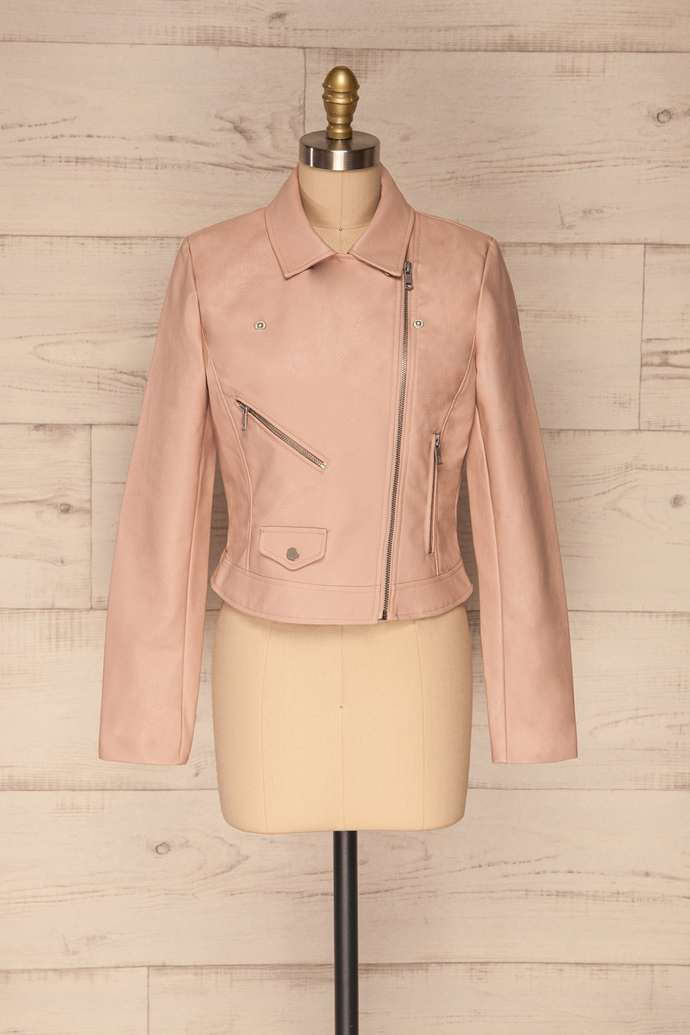 Calcali Rosa Dusty Pink Leather Motorcycle Jacket | La Petite Garçonne front view