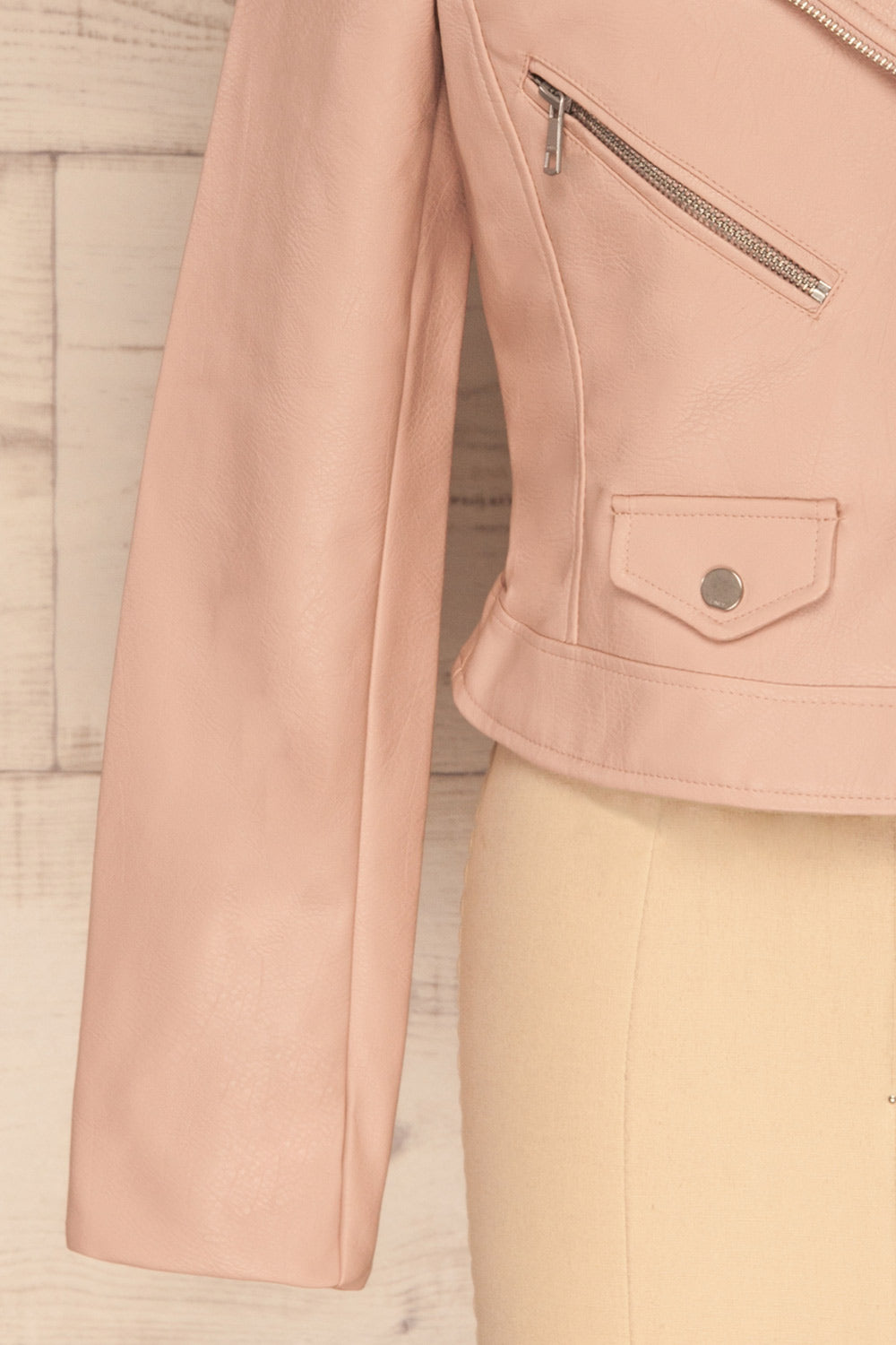 Calcali Rosa Dusty Pink Leather Motorcycle Jacket | La Petite Garçonne bottom close up 