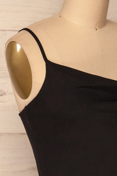 Calupina Black Cocktail Dress with Cowl Neck | La Petite Garçonne side close-up