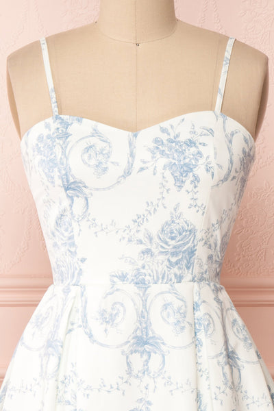 Camasene White Short Dress w/ Blue Flowers | Boutique 1861 front close-up