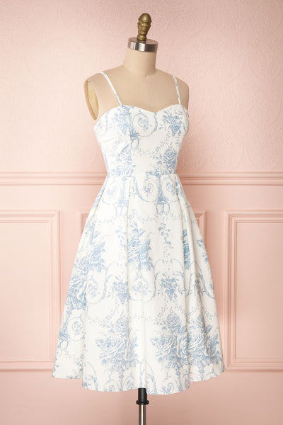 Camasene White Short Dress w/ Blue Flowers | Boutique 1861 side view