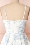 Camasene White Short Dress w/ Blue Flowers | Boutique 1861 back close-up