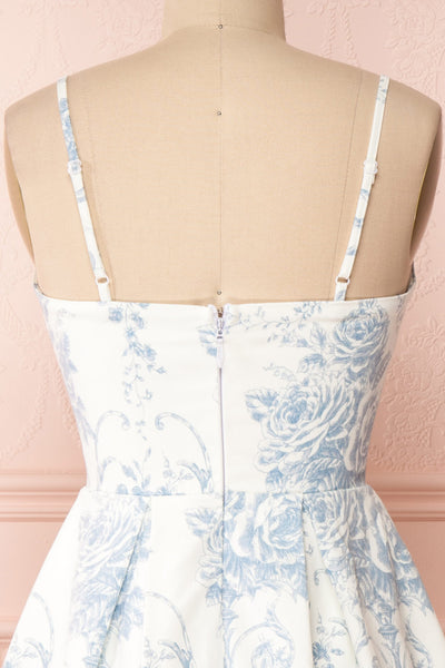 Camasene White Short Dress w/ Blue Flowers | Boutique 1861 back close-up