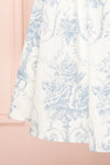Camasene White Short Dress w/ Blue Flowers | Boutique 1861 bottom close-up