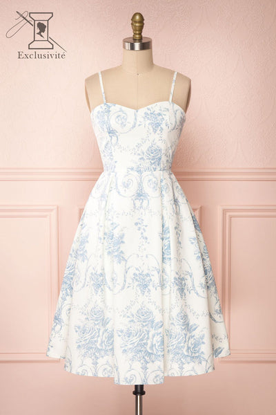 Camasene White Short Dress w/ Blue Flowers | Boutique 1861 front view