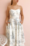 Camasene White Short Dress w/ Blue Flowers | Boutique 1861 model close up