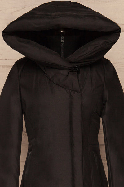 Camelia Black Quilted Soia&Kyo Parka with Hood front hood up close up | La Petite Garçonne