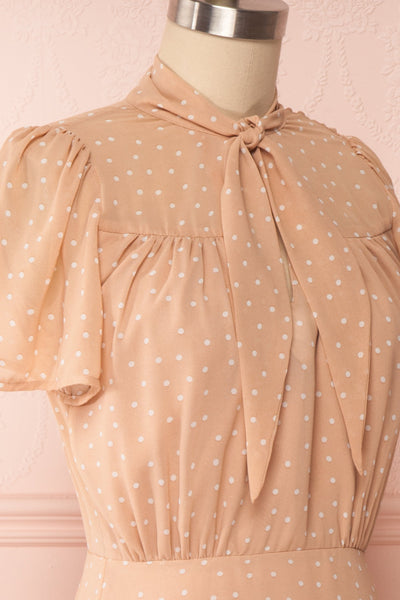 Cameron Beige & White Polka Dot Short Dress | Boutique 1861 side close up