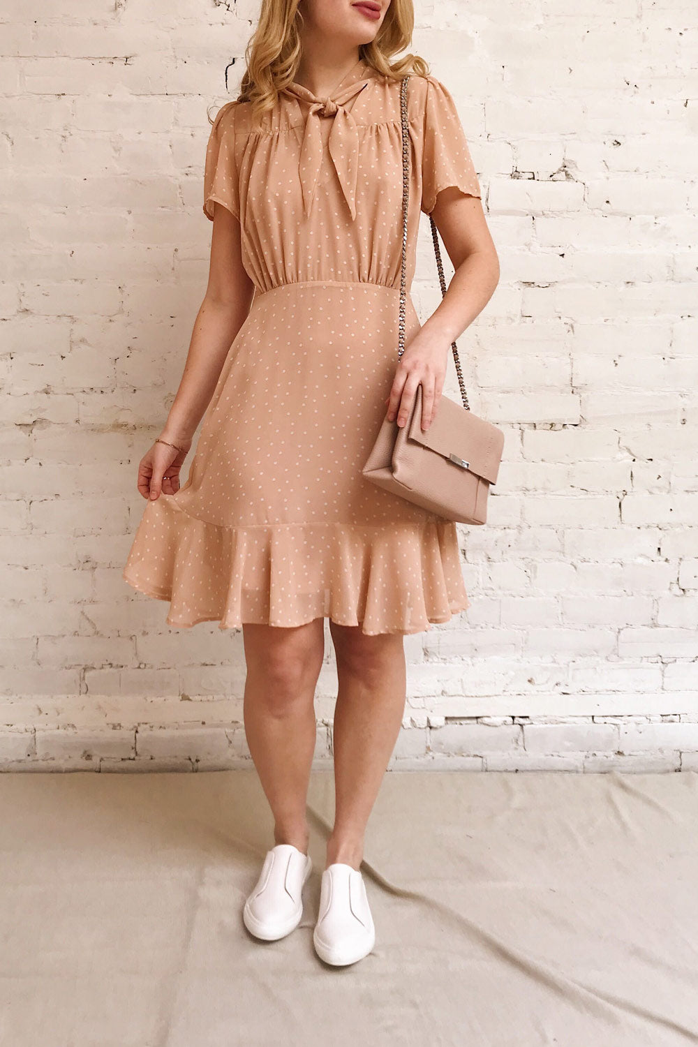 Cameron Beige & White Polkadot Short Dress | Boutique 1861 model look