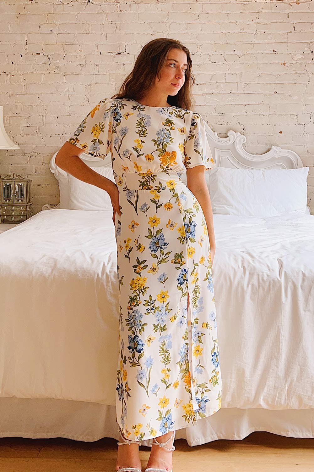 Camille Robe Fleurie Midi avec Fente Boutique 1861