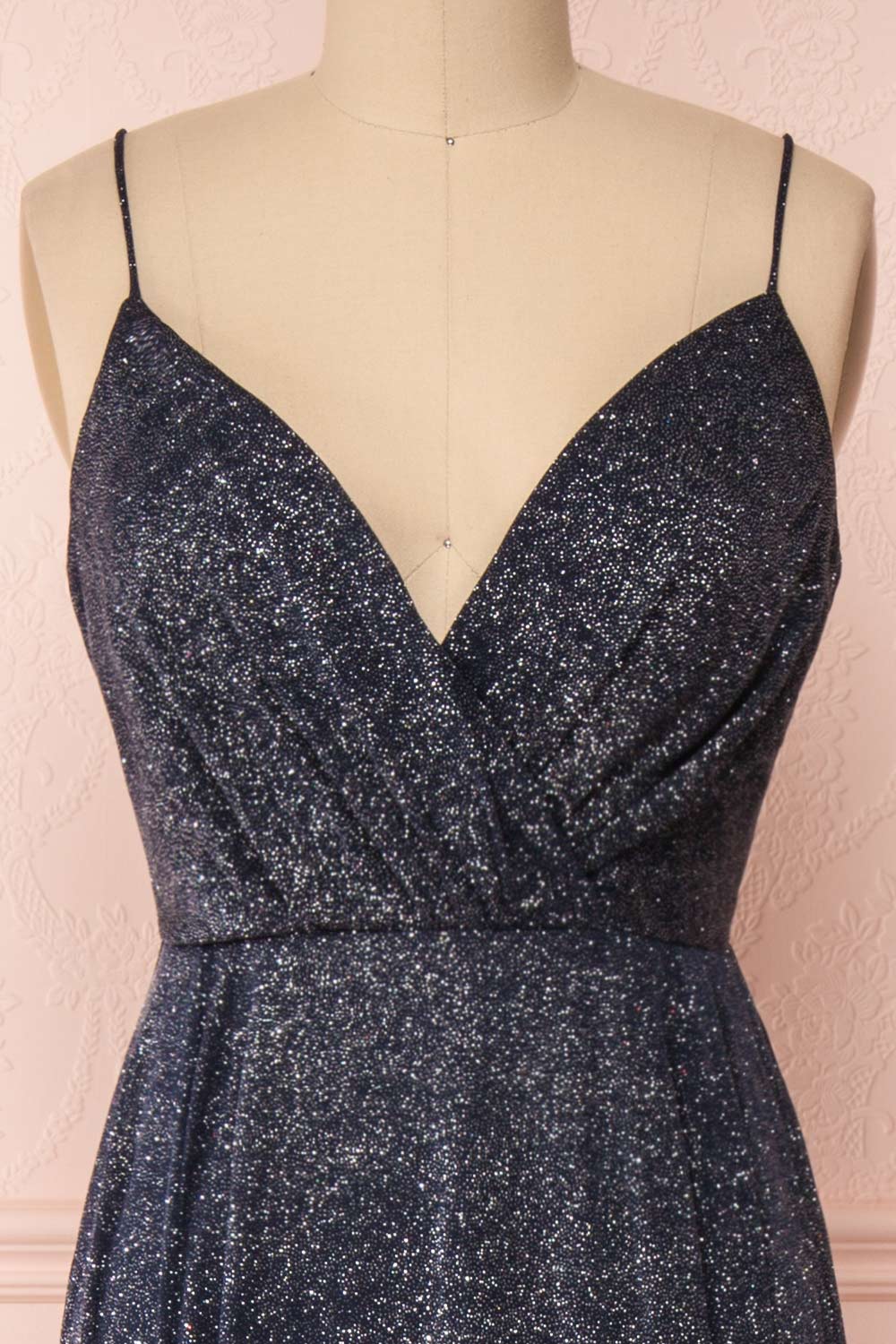 Campozano Navy Shimmery A-Line V-Neck Dress | Boutique 1861 front close-up