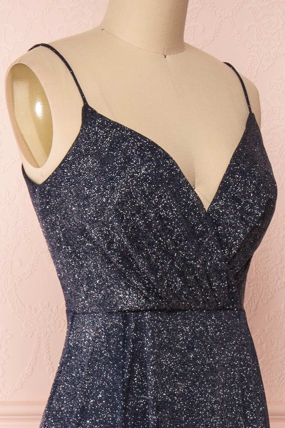 Campozano Navy Shimmery A-Line V-Neck Dress | Boutique 1861 side close-up