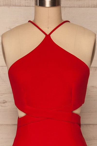 Canalaurco Red Halter Dress w/ Back Slit | La petite garçonne front close up