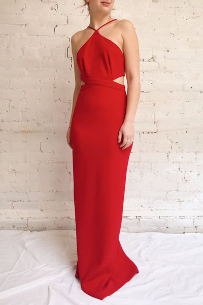 Canalaurco Red Halter Dress w/ Back Slit | La petite garçonne model look