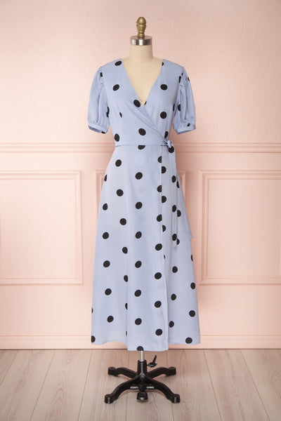 Capselle Lavender Polka Dot Midi Wrap Dress | Boutique 1861 front view
