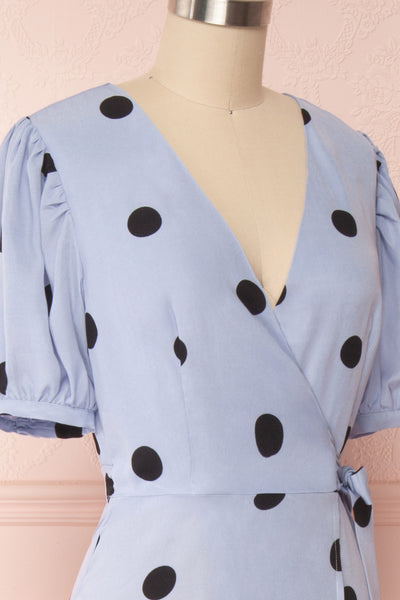 Capselle Lavender Polka Dot Midi Wrap Dress | Boutique 1861 side close up