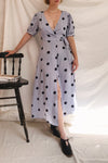 Capselle Lavender Polka Dot Midi Wrap Dress | Boutique 1861 model look