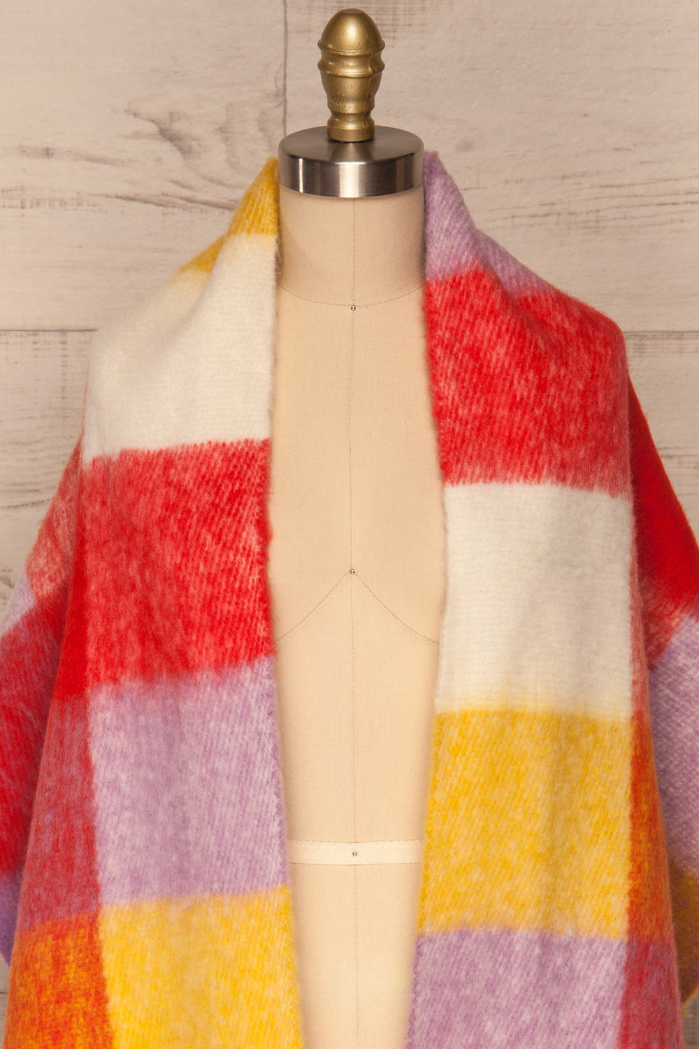 Carbillo Colorful Soft Knit Scarf with Fringe | Front Poncho Style Close Up| La Petite Garçonne