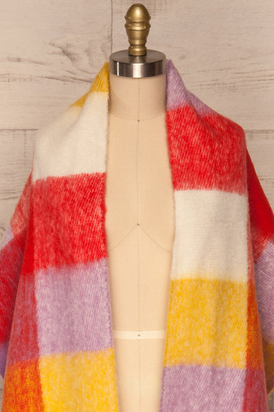 Carbillo Colorful Soft Knit Scarf with Fringe | Front Poncho Style Close Up| La Petite Garçonne