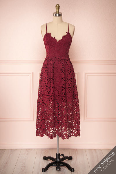 Carin Bourgogne Burgundy Lace A-Line Cocktail Dress | Front View | Boutique 1861