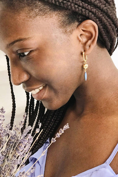 Carmel Myers Gold & Blue Pendant Earrings | La Petite Garçonne on model