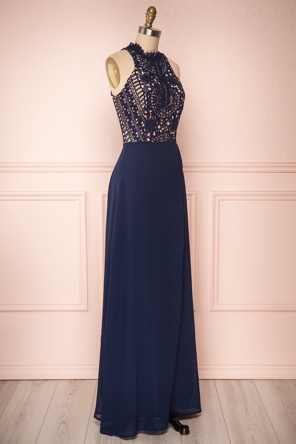 Carmen Marine Navy Blue Lace Halter Maxi Dress | Boudoir 1861 side view 