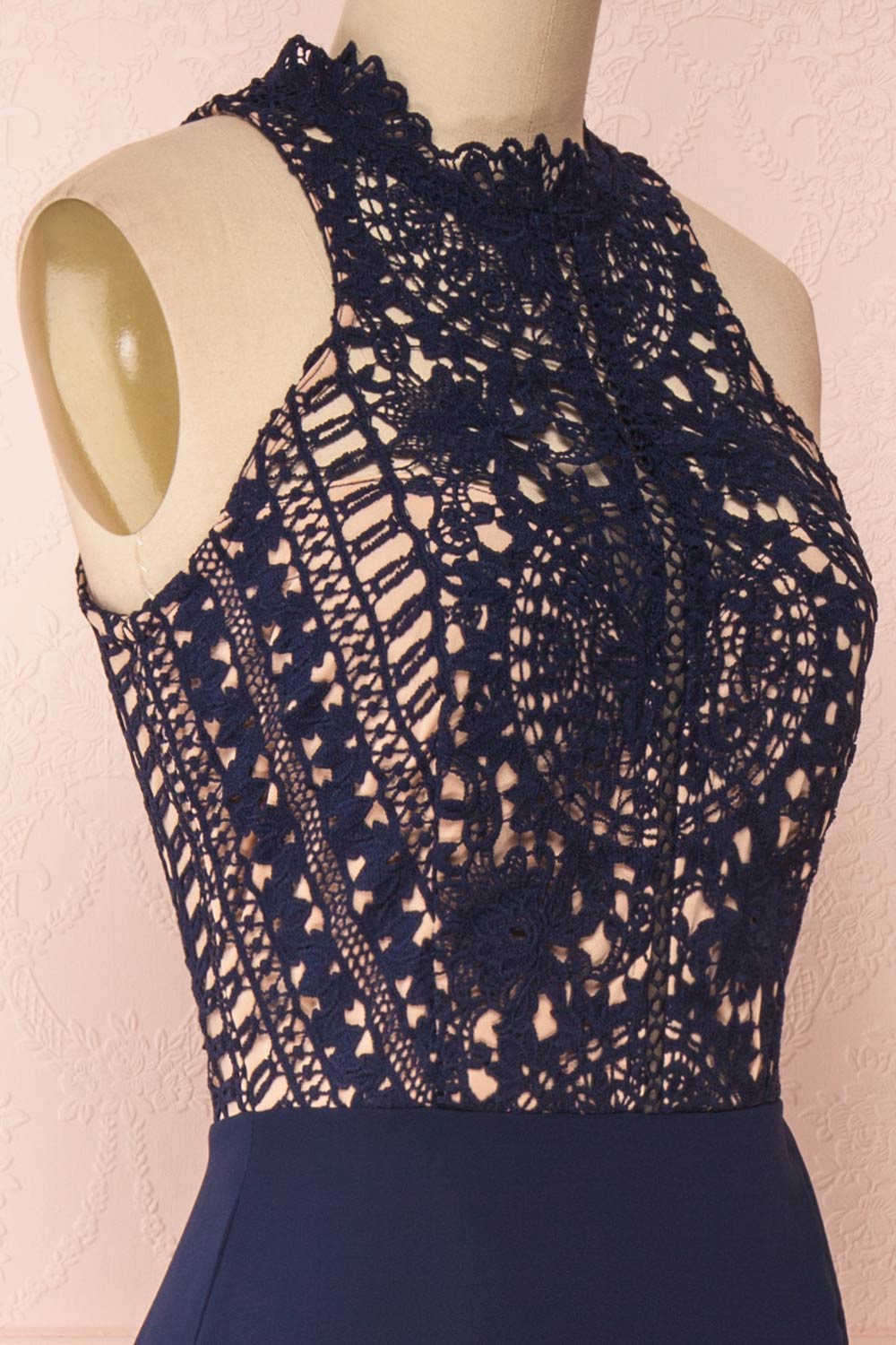 Carmen Marine Navy Blue Lace Halter Maxi Dress | Boudoir 1861 side close-up