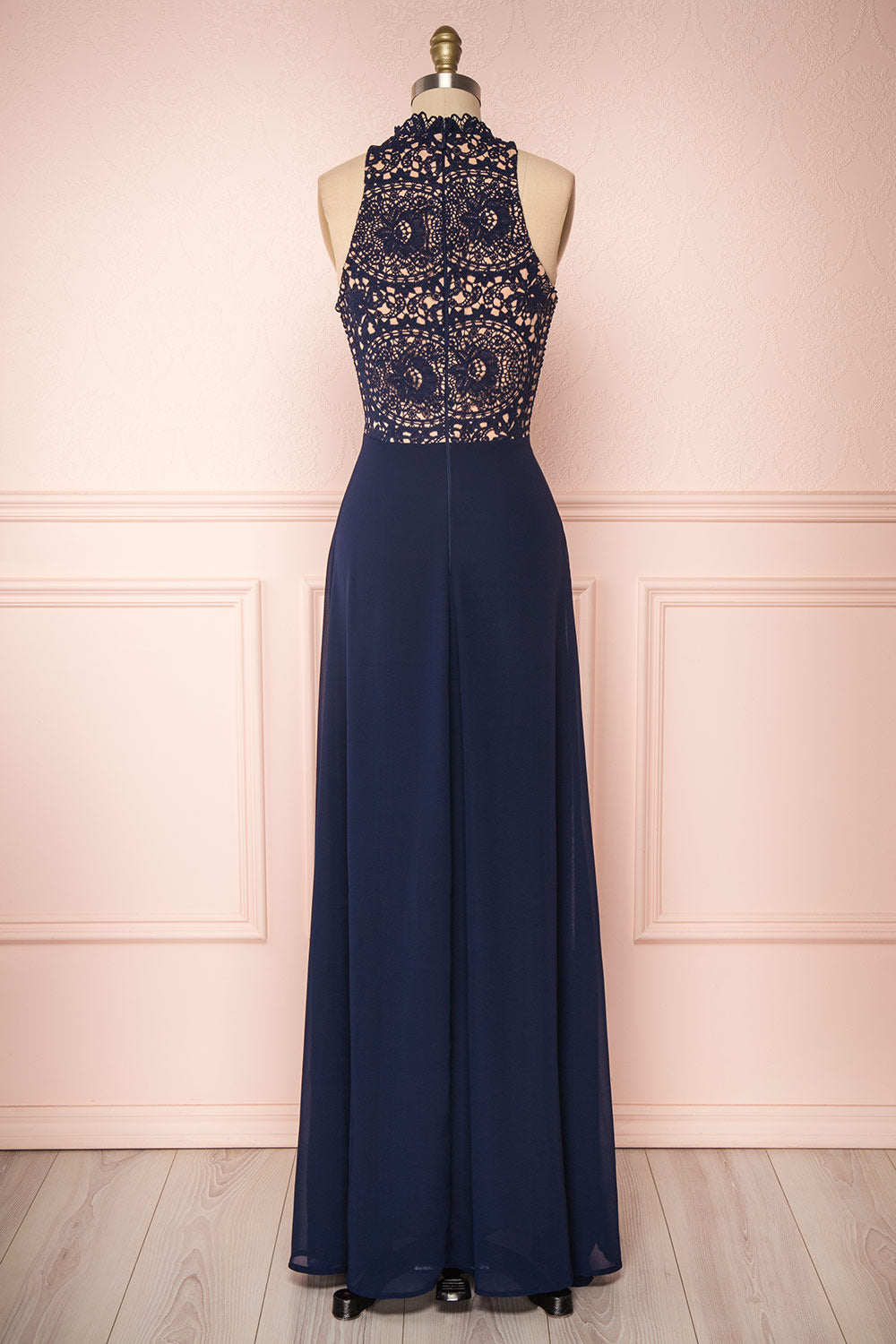 Carmen Marine Navy Blue Lace Halter Maxi Dress | Boudoir 1861 back view 