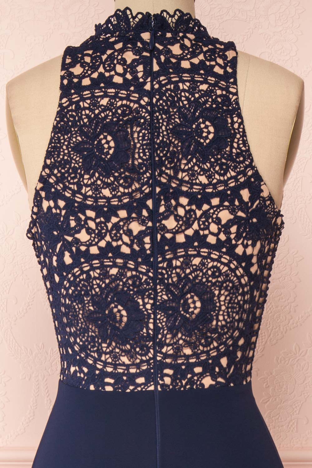 Carmen Marine Navy Blue Lace Halter Maxi Dress | Boudoir 1861 back close-up