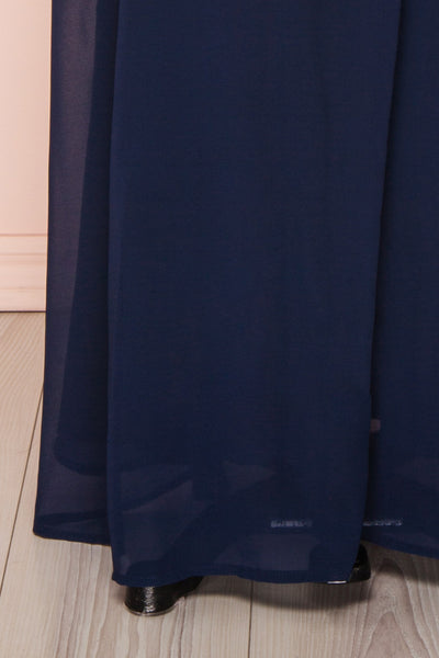 Carmen Marine Navy Blue Lace Halter Maxi Dress | Boudoir 1861 bottom close-up