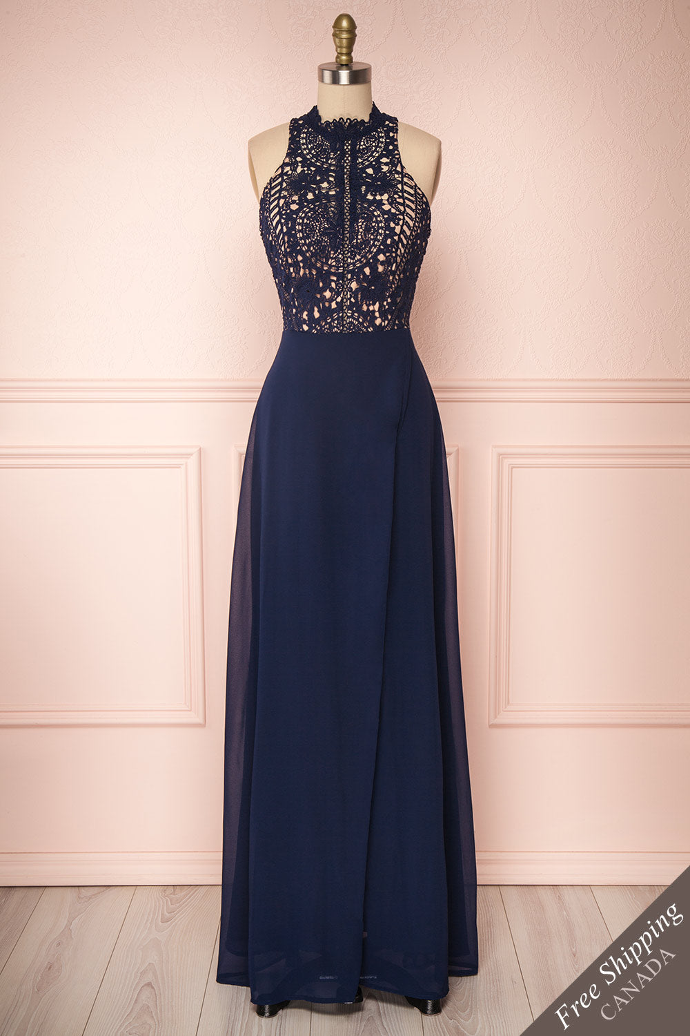 Carmen Marine Navy Blue Lace Halter Maxi Dress | Boudoir 1861 front view 