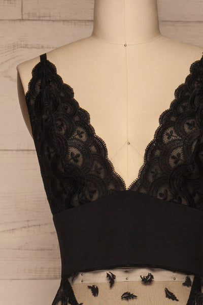 Casacay Black Mesh Lace Bodysuit | La petite garçonne front close-up