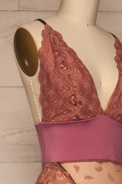 Casacay Raspberry Mesh Lace Bodysuit | La petite garçonne side close-up