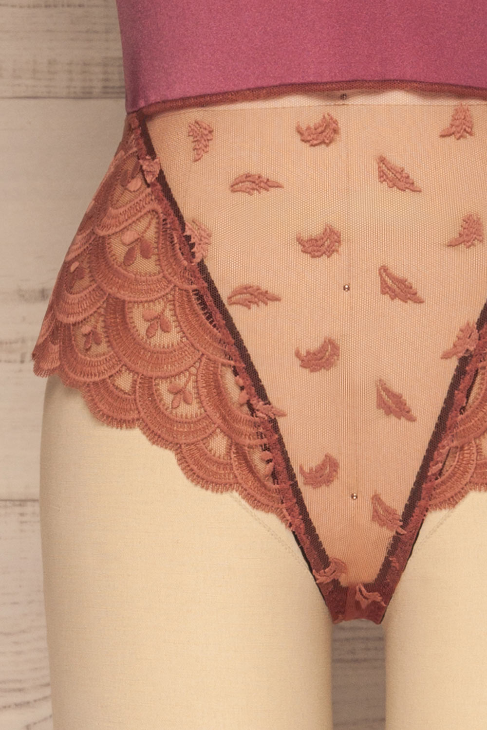Casacay Raspberry Mesh Lace Bodysuit | La petite garçonne bottom close-up