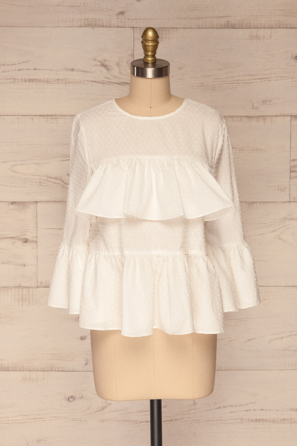 Cashapata White Embossed See-Through Ruffle Top | La petite garçonne front view