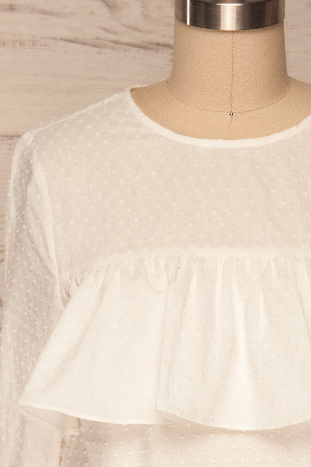 Cashapata White Embossed See-Through Ruffle Top | La petite garçonne close up