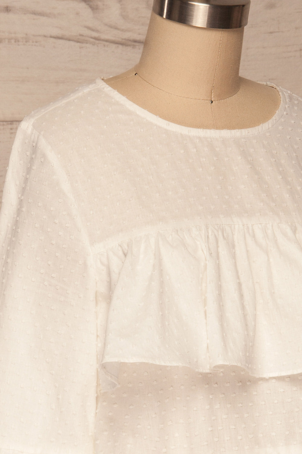 Cashapata White Embossed See-Through Ruffle Top | La petite garçonne side close up