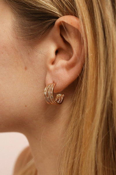 Cashuin Golden Hoop Pendants Earrings | La Petite Garçonne on model