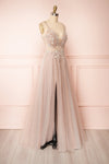 Cassia Taupe V-Neck Sparkling Tulle Maxi Dress | Boudoir 1861 side view