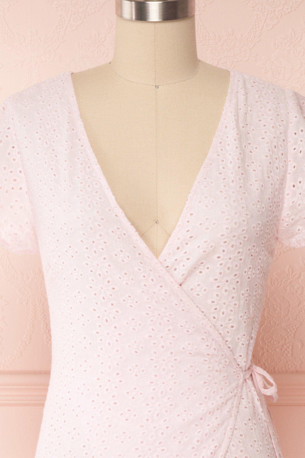 Cassie Blush Short Wrap Dress | Boutique 1861 front close up