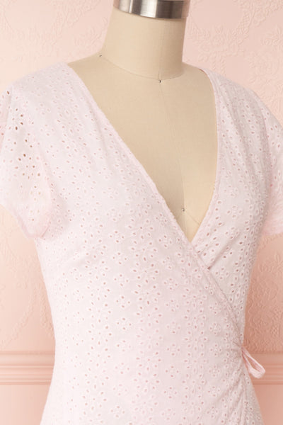 Cassie Blush Short Wrap Dress | Boutique 1861 side close up