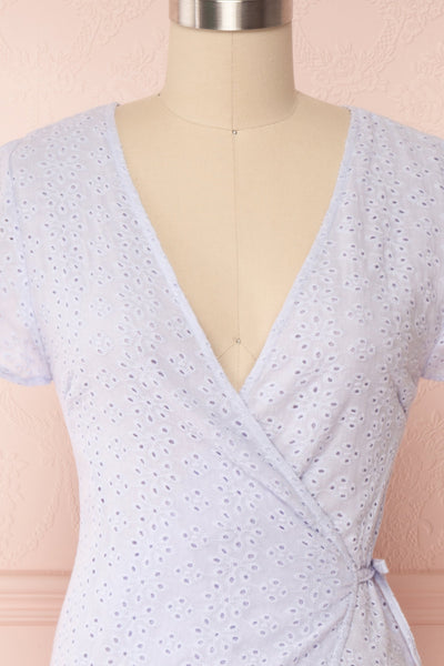 Cassie Lavender Short Wrap Dress | Boutique 1861 front close up