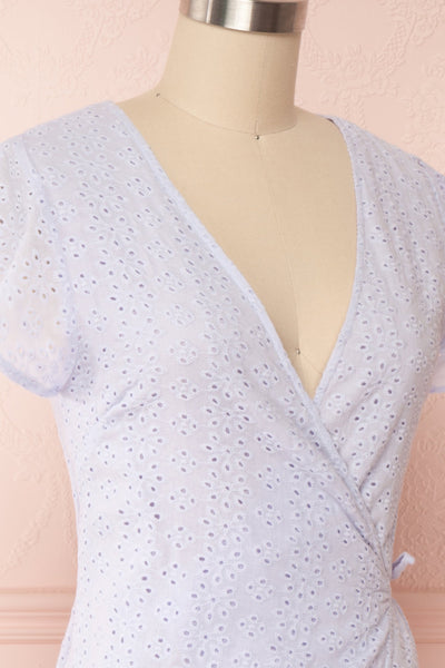 Cassie Lavender Short Wrap Dress | Boutique 1861 side close up
