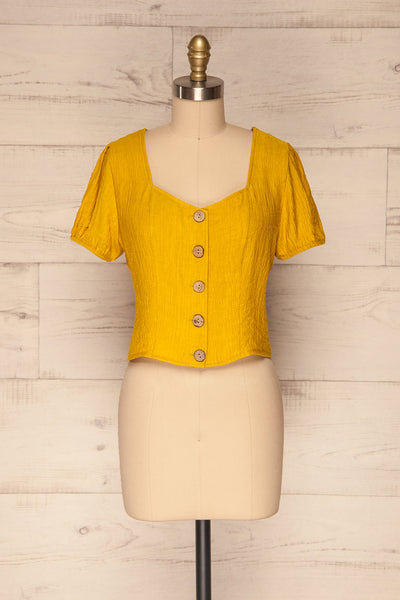 Catarama Sun Yellow Button-Up Crop Top | La Petite Garçonne front view
