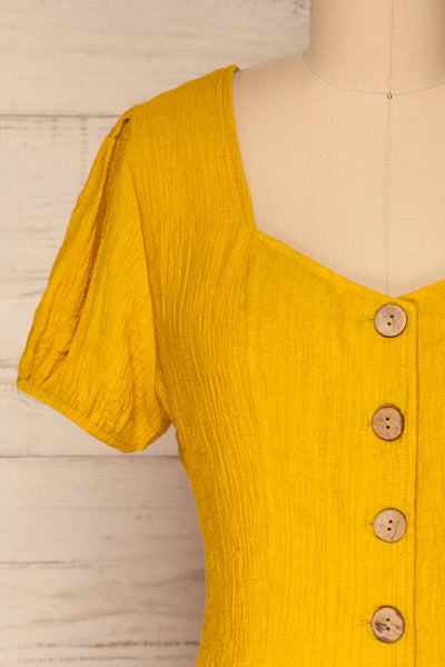 Catarama Sun Yellow Button-Up Crop Top | La Petite Garçonne front close-up