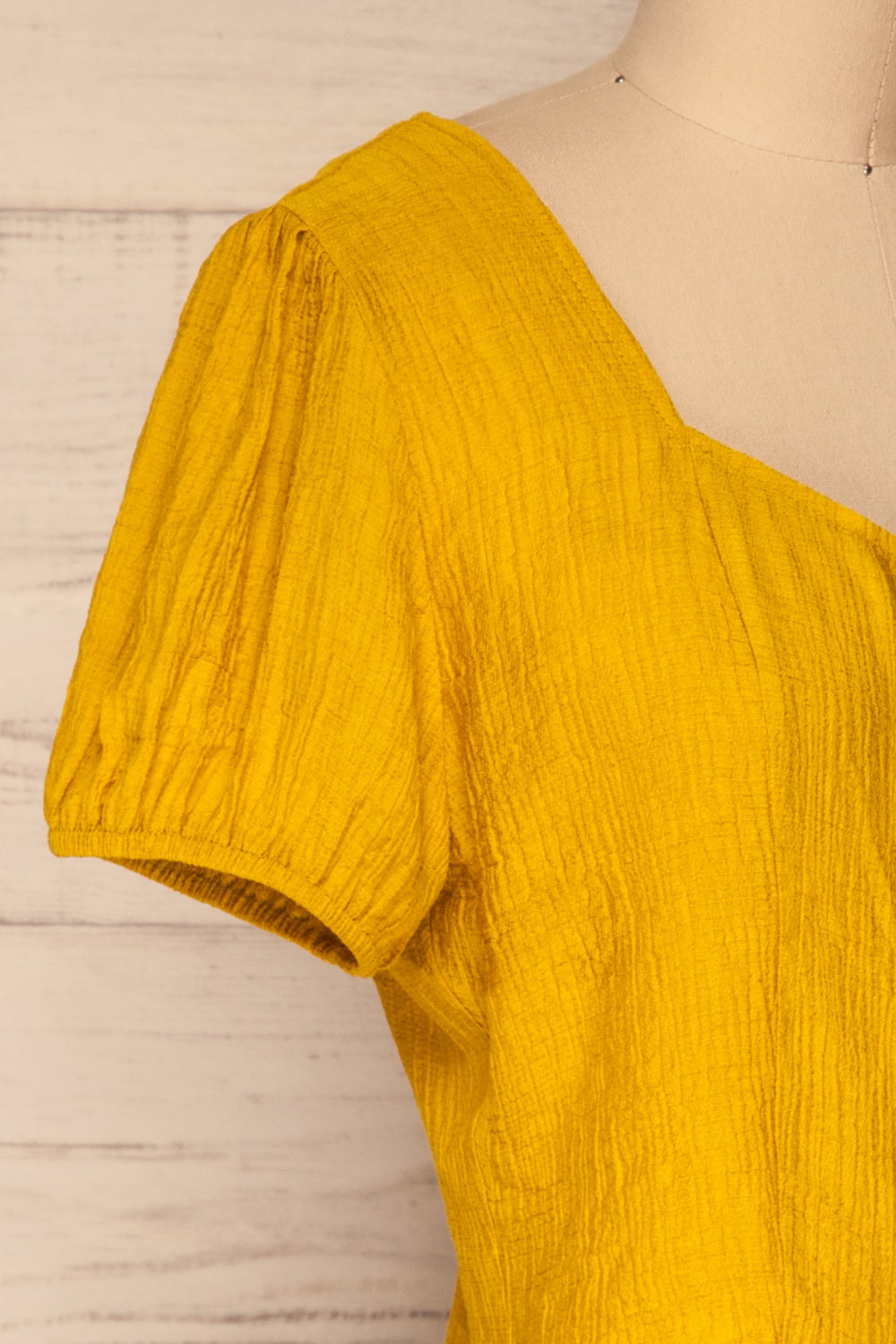 Catarama Sun Yellow Button-Up Crop Top | La Petite Garçonne side close-up
