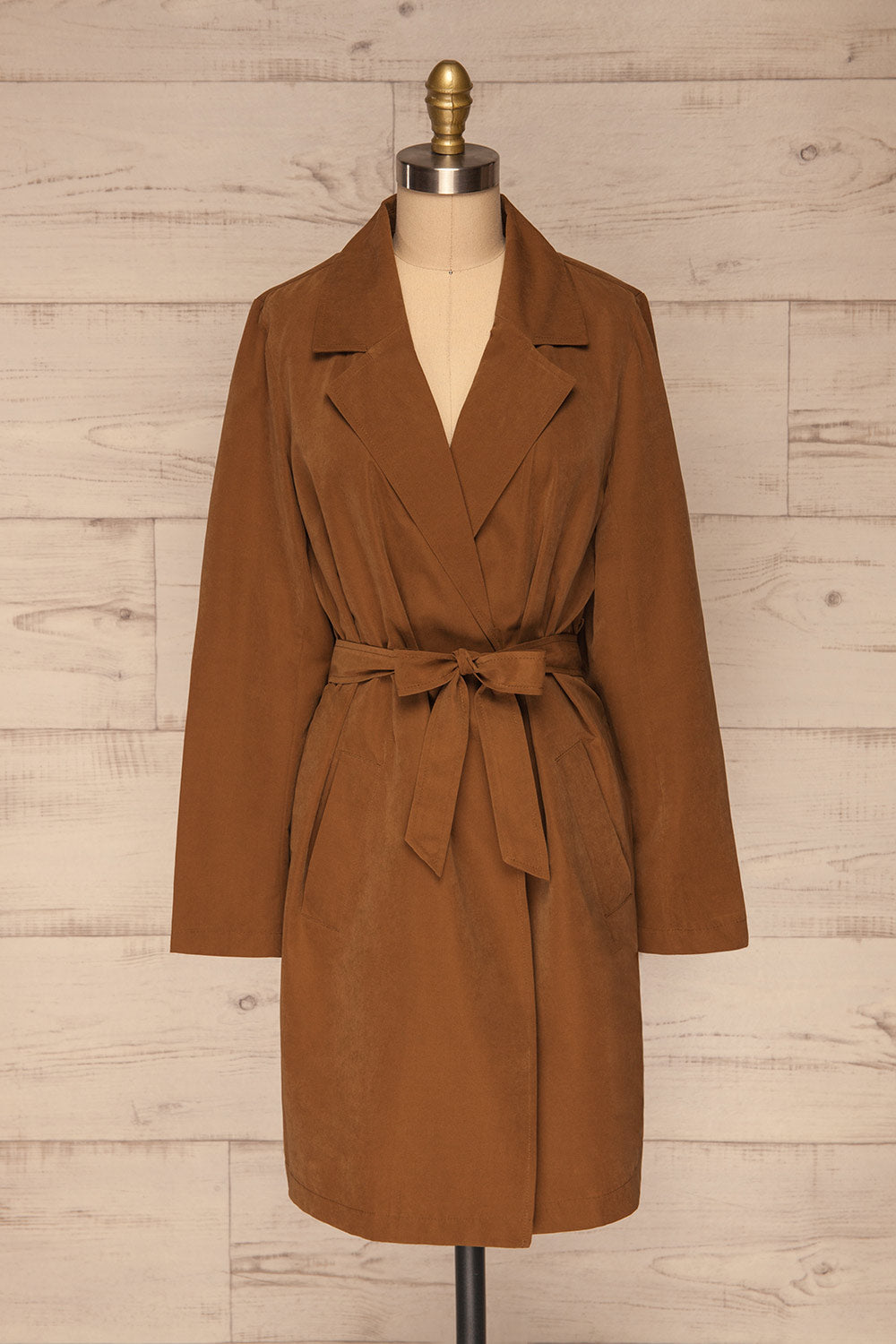 Catimbo Brown Tencel Midi Jacket w/ Belt | La petite garçonne front view